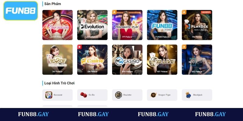 Các sảnh cung cấp dịch vụ Casino tại Fun88