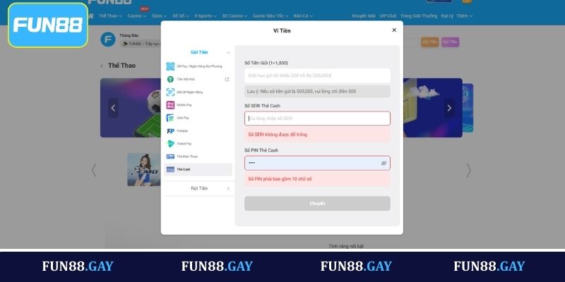 Nạp tiền Fun88 bằng thẻ Cash