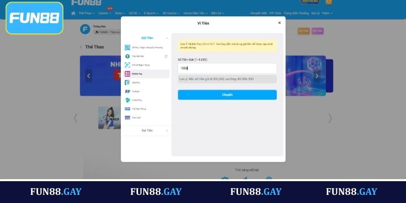 Thanh toán Fun88 bằng ví điện tử